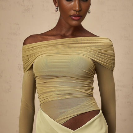 Iside Green Midi Dress with Tulle Panelling and Ruched Detailing