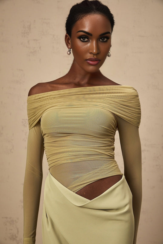 Iside Green Midi Dress with Tulle Panelling and Ruched Detailing