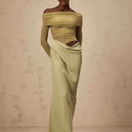 Iside Green Midi Dress with Tulle Panelling and Ruched Detailing