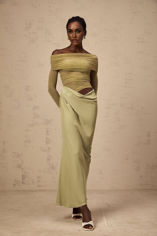 Iside Green Midi Dress with Tulle Panelling and Ruched Detailing