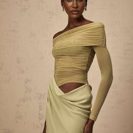 Iside Green Midi Dress with Tulle Panelling and Ruched Detailing
