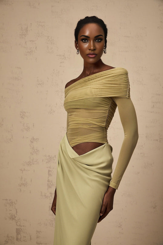 Iside Green Midi Dress with Tulle Panelling and Ruched Detailing
