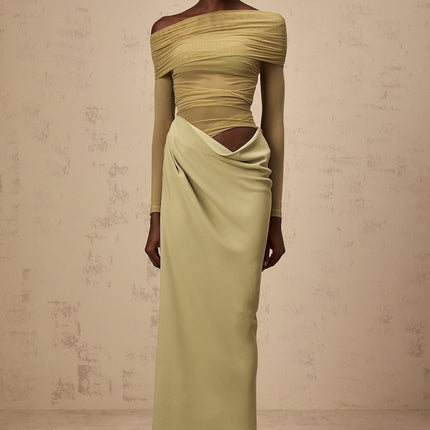 Iside Green Midi Dress with Tulle Panelling and Ruched Detailing