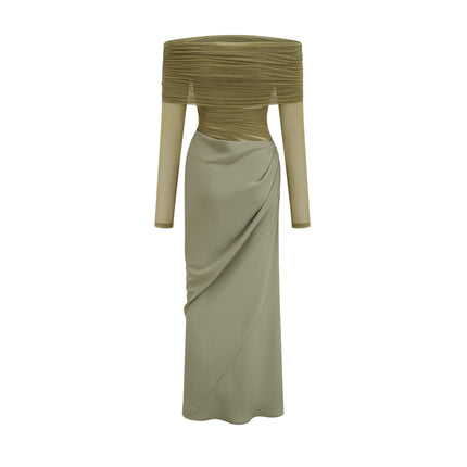 Iside Green Midi Dress Elegance Tulle Ruched Draped Long Sleeves Luxury Style