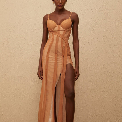 Iside Maxi Dress Brown Tulle Asymmetrical Hem Sweetheart Neckline Spaghetti Straps Fitted Waistline Built-in Cups Bra Rear Zip Fastening Maxi Length 100% Terylene Fiber