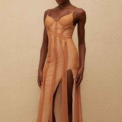 Iside Maxi Dress Brown Tulle Asymmetrical Hem Sweetheart Neckline Adjustable Spaghetti Straps Fitted Waistline Built-in Cups Bra Rear Zip Fastening Maxi Length 100% Terylene Fiber