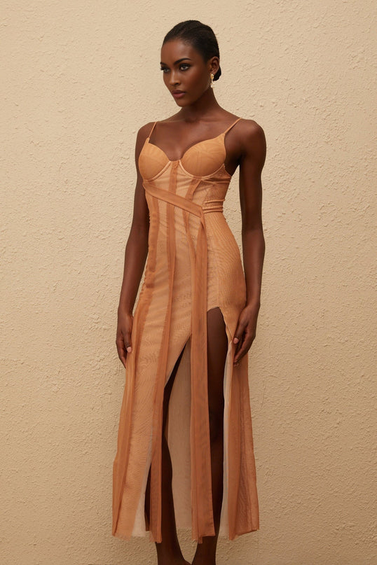 Iside Maxi Dress Brown Tulle Asymmetrical Hem Sweetheart Neckline Adjustable Spaghetti Straps Fitted Waistline Built-in Cups Bra Rear Zip Fastening Maxi Length 100% Terylene Fiber
