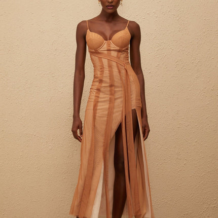 Iside Maxi Dress Brown Tulle Asymmetrical Hem Sleeveless Sweetheart Neckline Adjustable Spaghetti Straps Fitted Waistline Built-in Cups Bra Rear Zip Fastening Maxi Length 100% Terylene Fiber Elegant Sophistication Opulent Allure Captivate