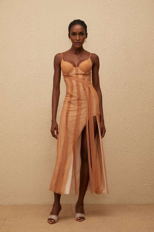 Iside Maxi Dress Brown Tulle Asymmetrical Hem Sleeveless Sweetheart Neckline Adjustable Spaghetti Straps Fitted Waistline Built-in Cups Bra Rear Zip Fastening Maxi Length 100% Terylene Fiber Elegant Sophistication Opulent Allure Captivate
