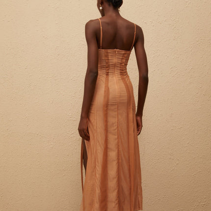 Iside Maxi Dress Brown Tulle Asymmetrical Hem Sweetheart Neckline Spaghetti Straps Fitted Waistline Built-in Cups Rear Zip Fastening Maxi Length 100% Terylene Fiber