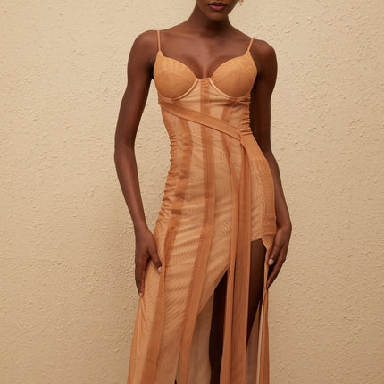 Iside Maxi Dress Brown Tulle Asymmetrical Hem Sweetheart Neckline Spaghetti Straps Fitted Waistline Built-in Cups Bra Rear Zip Fastening Maxi Length 100% Terylene Fiber