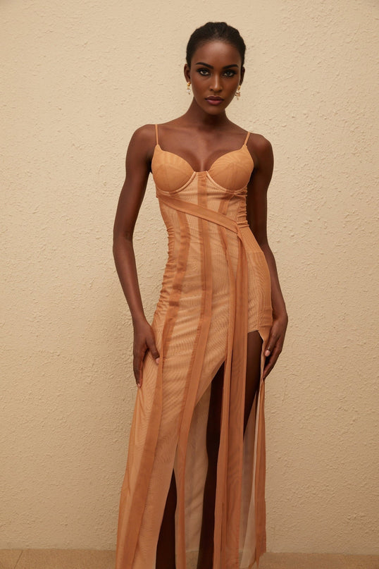 Iside Maxi Dress Brown Tulle Asymmetrical Hem Sweetheart Neckline Spaghetti Straps Fitted Waistline Built-in Cups Bra Rear Zip Fastening Maxi Length 100% Terylene Fiber