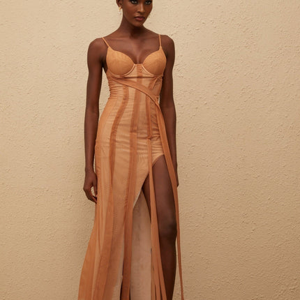 Iside Maxi Dress Brown Tulle Asymmetrical Hem Sweetheart Neckline Spaghetti Straps Fitted Waistline Built-in Cups Bra Rear Zip Fastening Maxi Length 100% Terylene Fiber