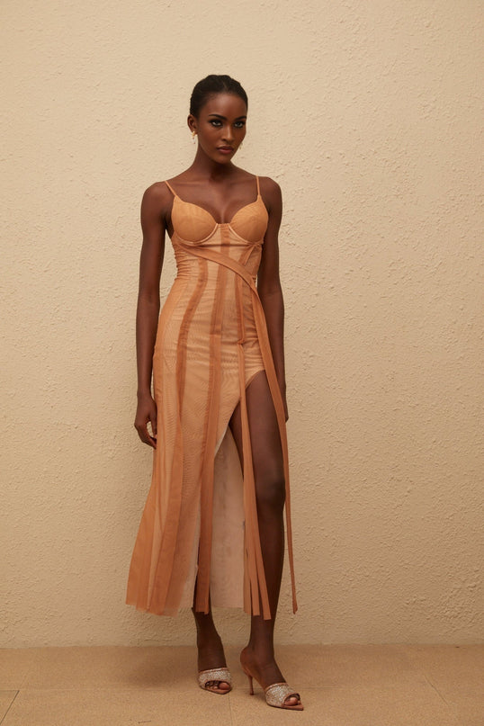 Iside Maxi Dress Brown Tulle Asymmetrical Hem Sweetheart Neckline Spaghetti Straps Fitted Waistline Built-in Cups Bra Rear Zip Fastening Maxi Length 100% Terylene Fiber