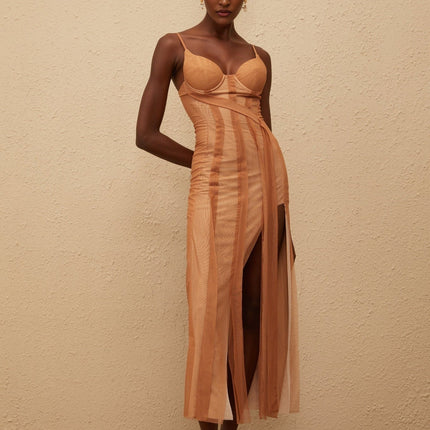 Iside Maxi Dress Brown Tulle Asymmetrical Hem Sweetheart Neckline Spaghetti Straps Fitted Waistline Built-in Cups Bra Rear Zip Fastening Maxi Length 100% Terylene Fiber
