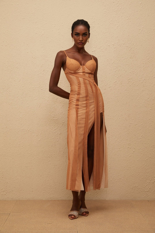 Iside Maxi Dress Brown Tulle Asymmetrical Hem Sweetheart Neckline Spaghetti Straps Fitted Waistline Built-in Cups Bra Rear Zip Fastening Maxi Length 100% Terylene Fiber
