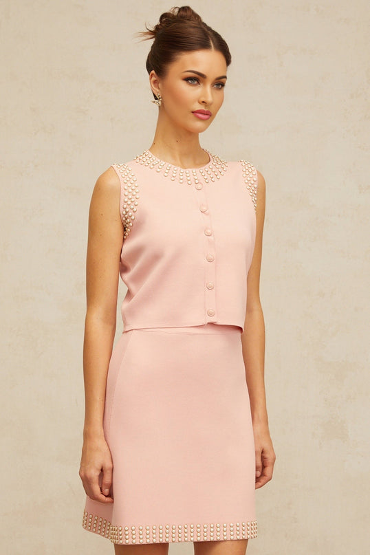 Iside Pink Beaded Knit Top Skirt Set