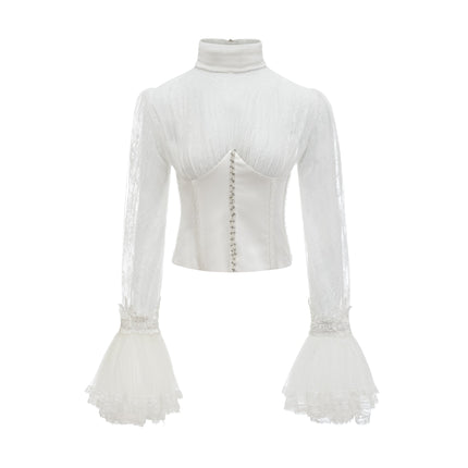 Iside White Bell Sleeve Crystal Trim Cropped Top