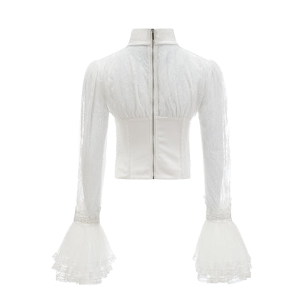 Iside White Bell Sleeve Crystal Trim Cropped Top