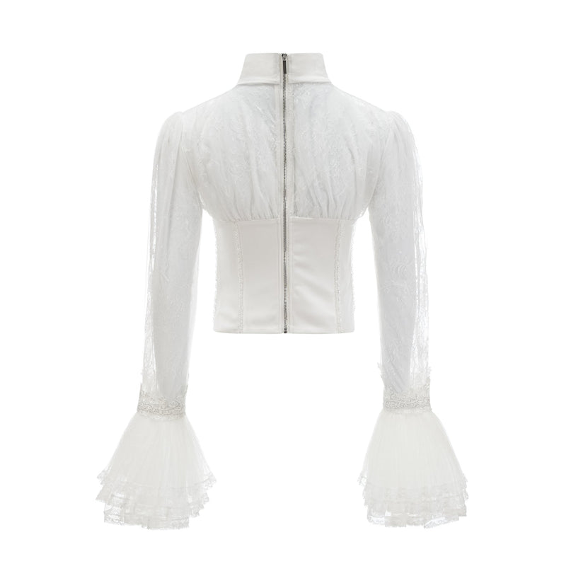 Iside White Bell Sleeve Crystal Trim Cropped Top