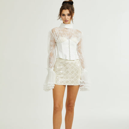 Iside White Bell Sleeve Crystal Trim Cropped Top