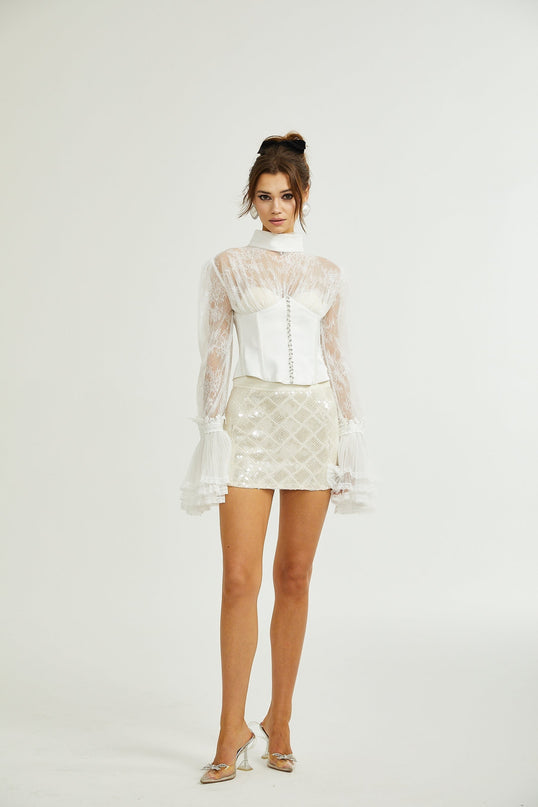Iside White Bell Sleeve Crystal Trim Cropped Top