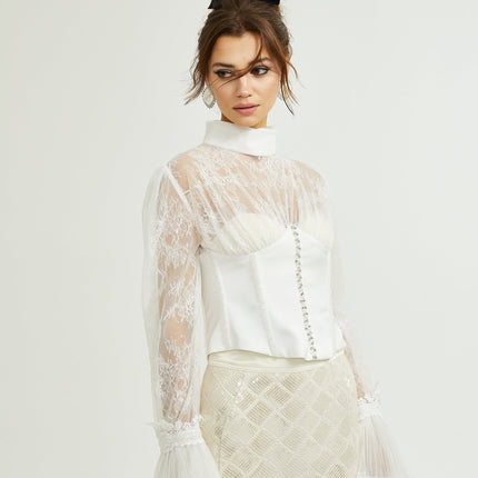 Iside White Bell Sleeve Crystal Trim Cropped Top