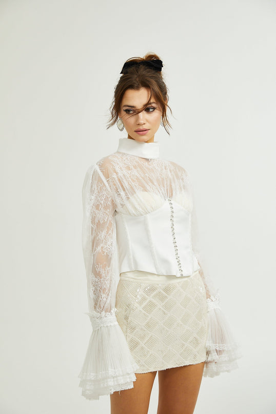 Iside White Bell Sleeve Crystal Trim Cropped Top