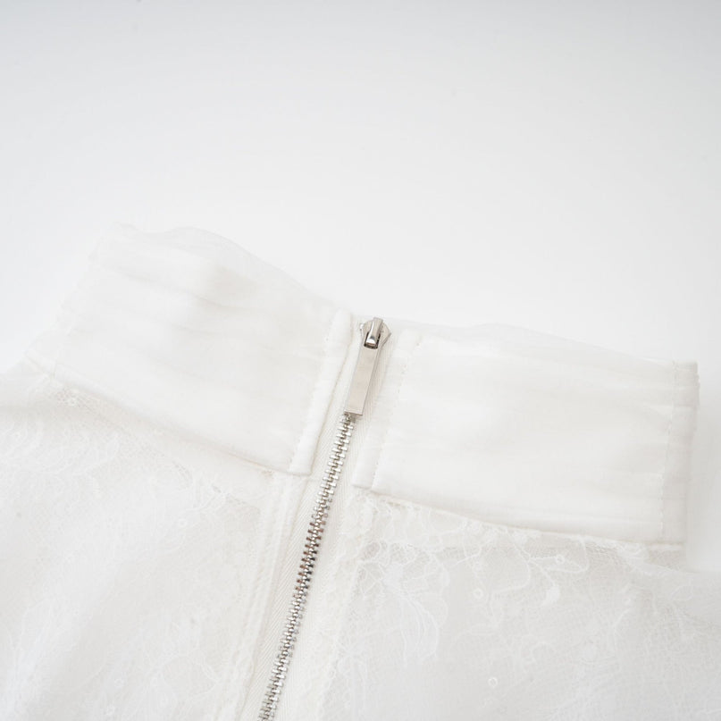 Iside White Bell Sleeve Crystal Trim Cropped Top