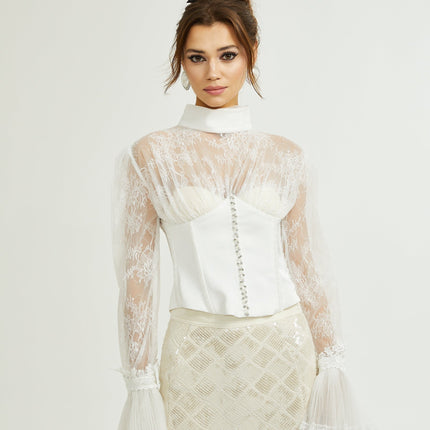Iside White Bell Sleeve Crystal Trim Cropped Top
