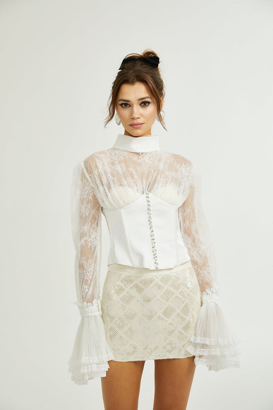 Iside White Bell Sleeve Crystal Trim Cropped Top