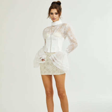 Iside White Bell Sleeve Crystal Trim Cropped Top