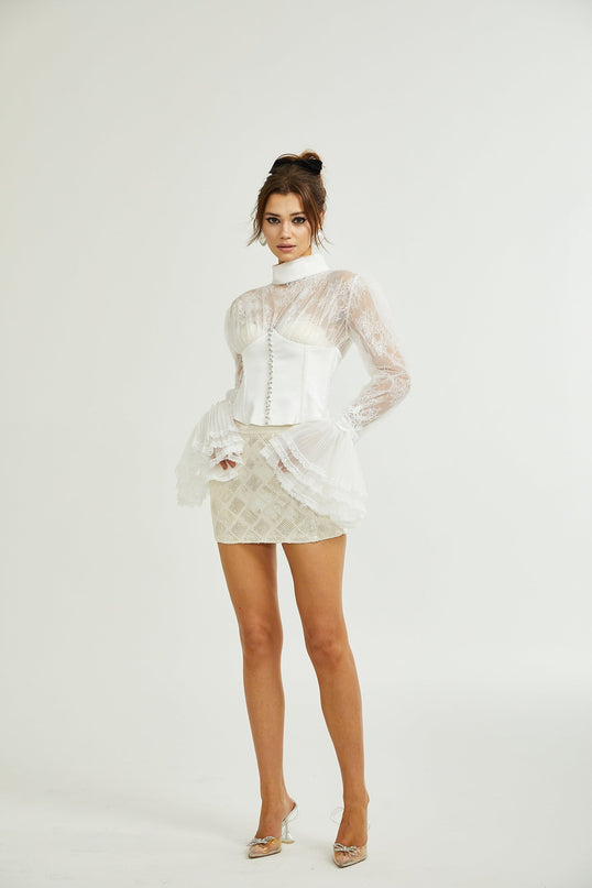 Iside White Bell Sleeve Crystal Trim Cropped Top
