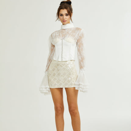 Iside White Bell Sleeve Crystal Trim Cropped Top