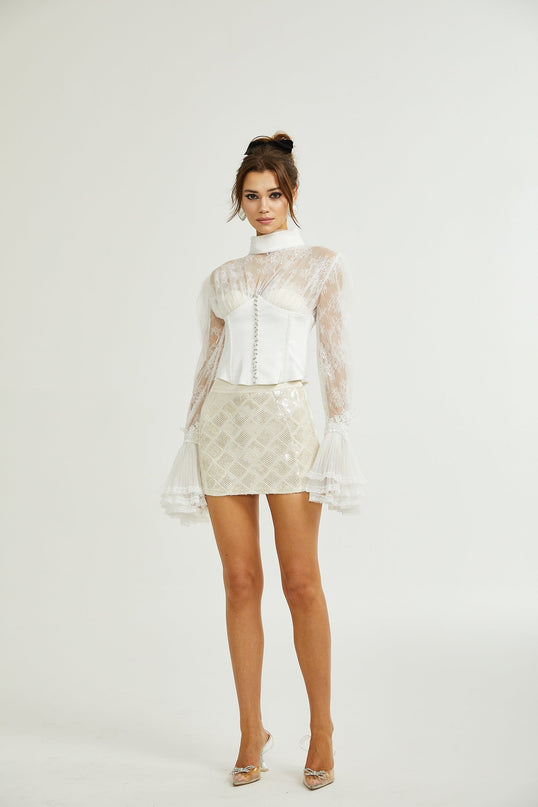 Iside White Bell Sleeve Crystal Trim Cropped Top