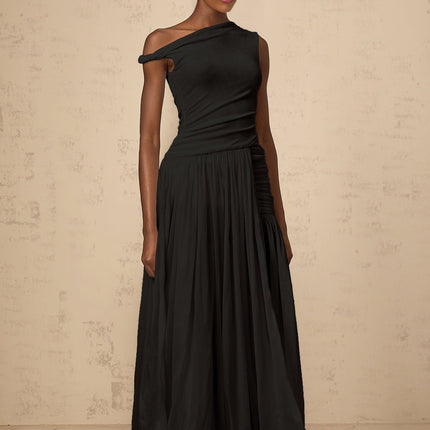 Isla Black Maxi Dress with Mono-Shoulder Design and Side Slit