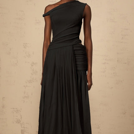 Isla Black Maxi Dress with Mono-Shoulder Design and Side Slit