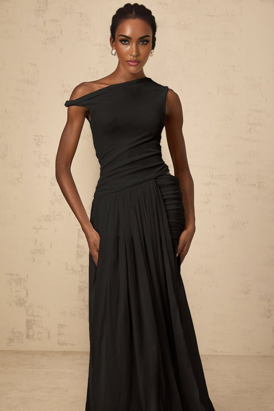 Isla Black Maxi Dress with Mono-Shoulder Design and Side Slit
