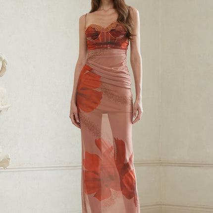 Isla Maxi Dress in Brown Floral Mesh & Lace Trim