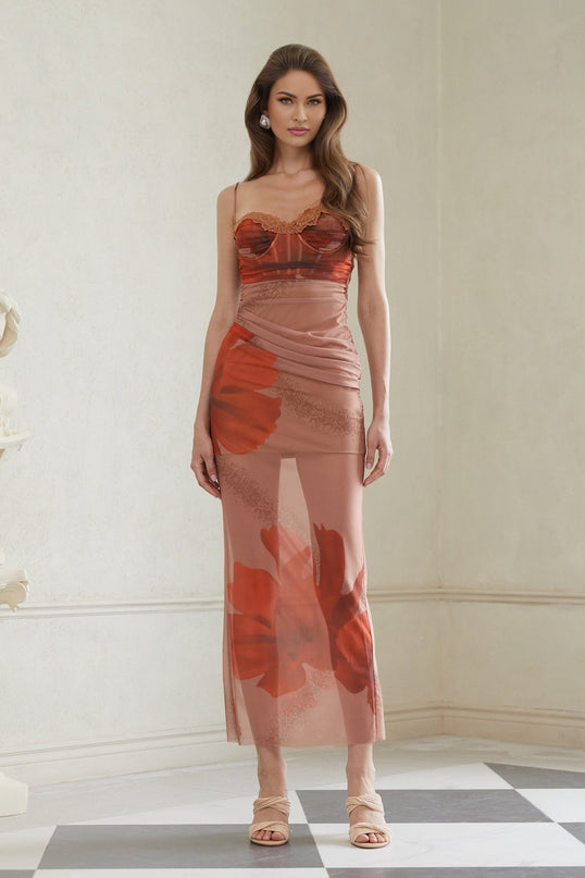 Isla Maxi Dress in Brown Floral Mesh & Lace Trim