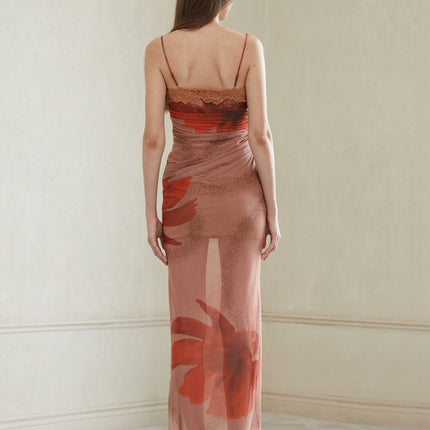 Isla Maxi Dress in Brown Floral Mesh & Lace Trim fitted silhouette sweetheart neckline luxurious blend Terylene fiber Spandex ankle-length intricate floral print delicate lace trim ruched detailing underwire cups adjustable spaghetti straps side zip fastening sleeveless timeless wardrobe staple sophistication modern charm
