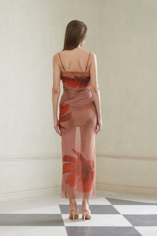 Isla Maxi Dress in Brown Floral Mesh & Lace Trim fitted silhouette sweetheart neckline luxurious blend Terylene fiber Spandex ankle-length intricate floral print delicate lace trim ruched detailing underwire cups adjustable spaghetti straps side zip fastening sleeveless timeless wardrobe staple sophistication modern charm
