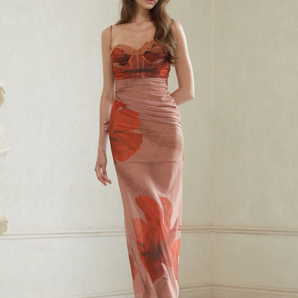 Isla Maxi Dress in Brown Floral Mesh & Lace Trim
