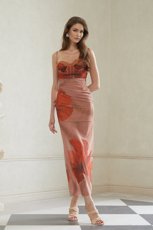 Isla Maxi Dress in Brown Floral Mesh & Lace Trim