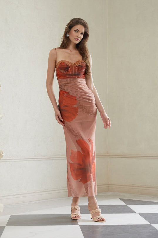 Isla Maxi Dress in Brown Floral Mesh & Lace Trim