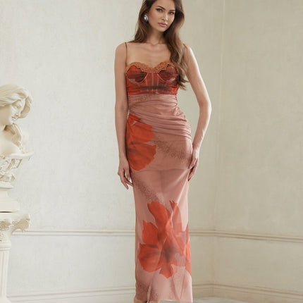 Isla Maxi Dress in Brown Floral Mesh & Lace Trim
