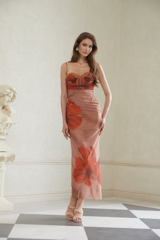 Isla Maxi Dress in Brown Floral Mesh & Lace Trim