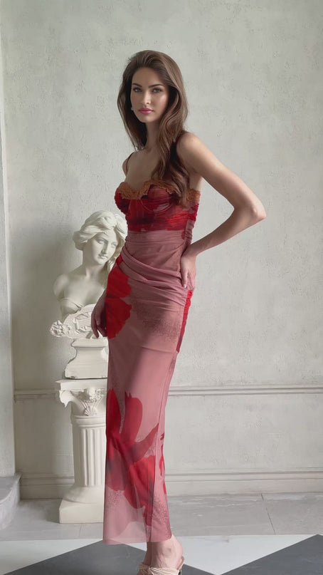Isla Maxi Dress in Brown Floral Mesh & Lace Trim
