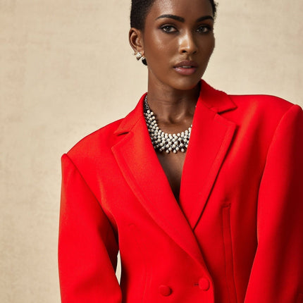 Isla Red Wool Blend Double Breasted Blazer Hourglass Silhouette Shoulder Pads