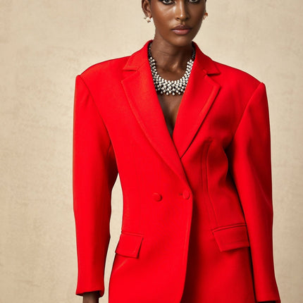Isla Red Wool Blend Double Breasted Blazer Hourglass Silhouette Shoulder Pads Notched Lapels Front Flap Pockets